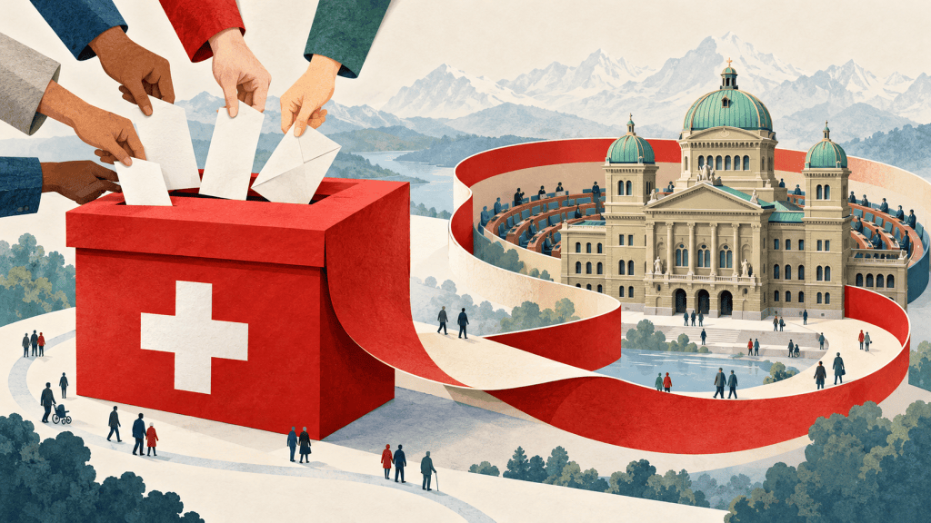 Le Palais fédéral suisse et une urne symbolisant la démocratie directe
