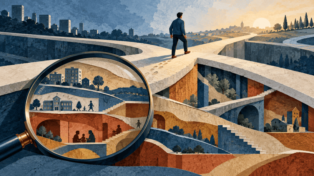 Personne avançant sur un chemin composé de passages libres et de passages entravés